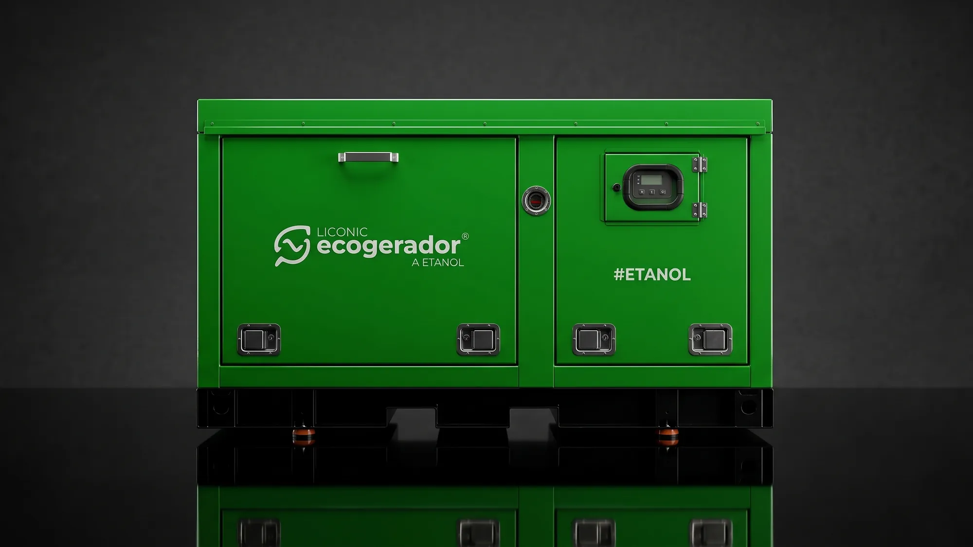 Ecogerador 25 kVA Ethanol Generator, front view, with floor reflection