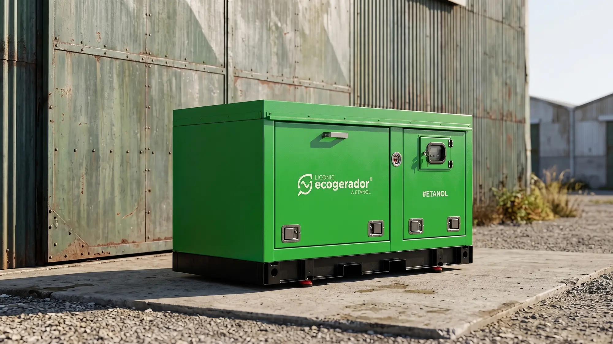 Ecogerador installed outdoors, on gravel, beside a shed