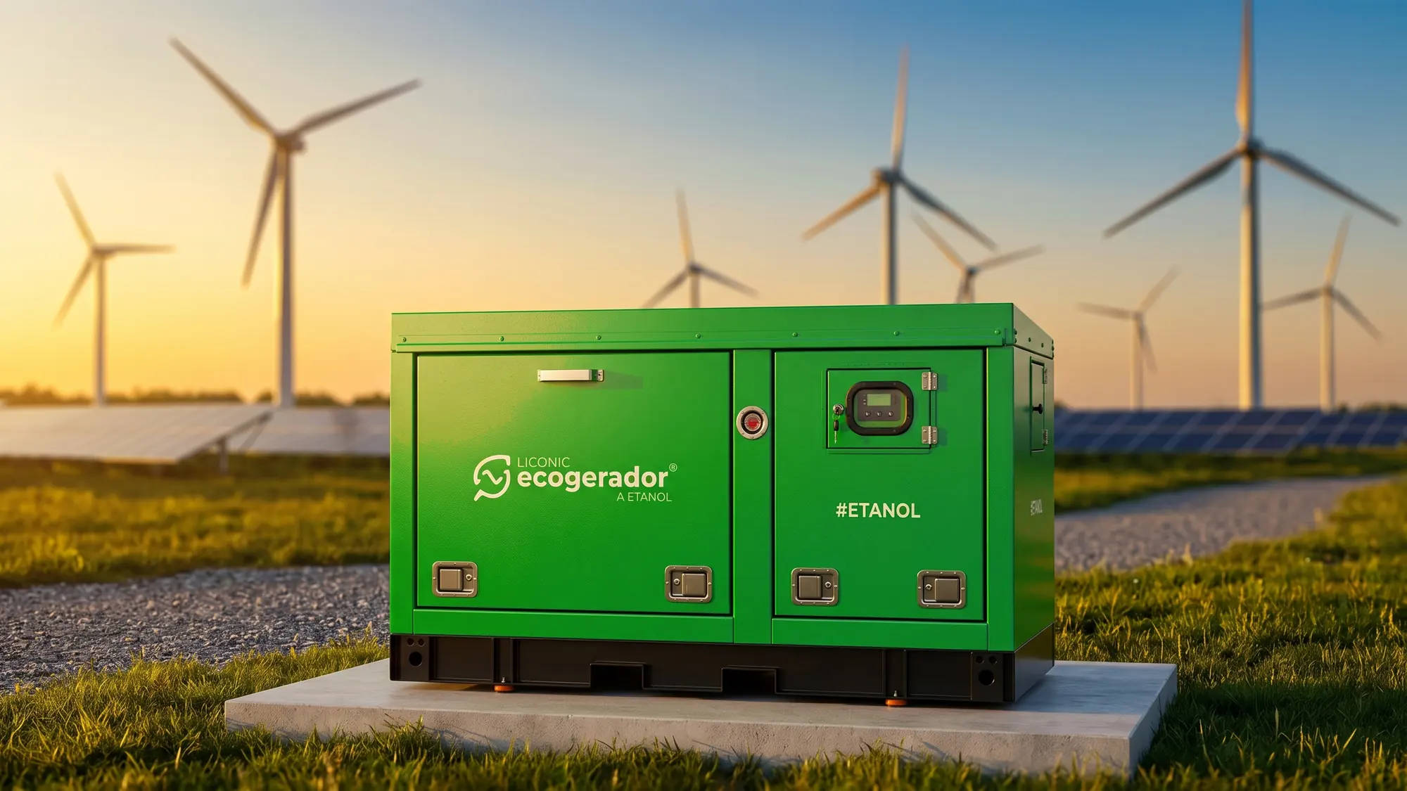 Ecogerador operating in the field, with a wind and solar farm in the background