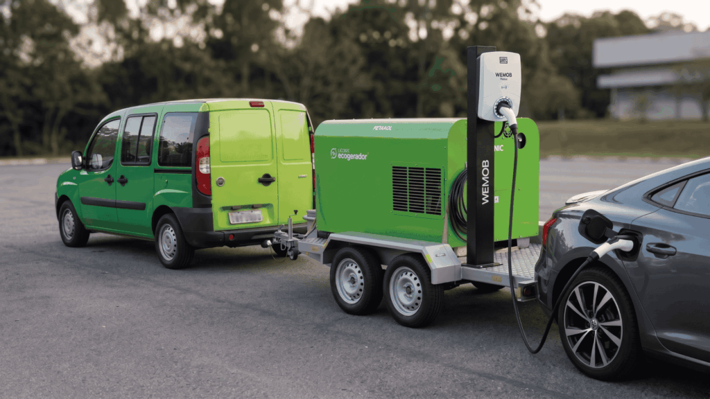 Ecogerador a etanol móvel da Liconic fornecendo energia para recarga de veículo elétrico 