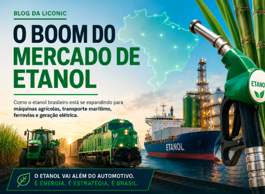 Capa do blog “O boom do mercado de etanol”. A imagem mostra uma bomba de etanol, cana-de-açúcar, trator agrícola, locomotiva, navio, usina industrial e mapa do Brasil, representando a expansão do etanol para máquinas agrícolas, transporte marítimo, ferrovias e geração elétrica.
